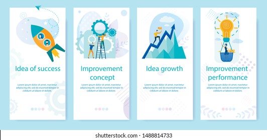 Set Advertising Poster Written Idea of Success. Banner Inscription Improvement Concept, Growth Idea, Improvement of Performance. Company Improvement Plan Cartoon. Vector Illustration.
