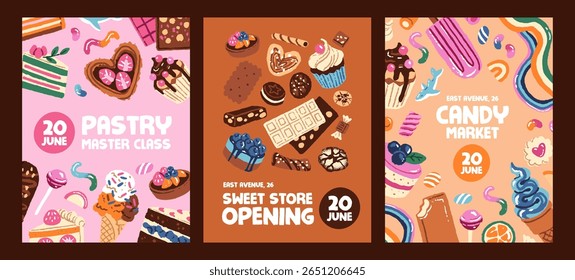 Set of advertising posters of candy shop with hand drawn confectionery. Promotion designs of pastry store with lollipops, sweets, different desserts, chocolate cookies. Flat vector illustrations