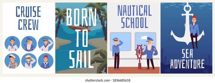 Un conjunto de carteles publicitarios para aventuras marítimas, escuela de navegación y trabajo en la tripulación de un crucero. Marineros en viaje en el mar o en el océano. Ilustración plana del vector