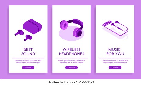 Un conjunto de carteles publicitarios de sujetos tecnológicos con tazas de diferentes tipos. Incluye audífonos sobre los oídos, audífonos inalámbricos y audífonos con teléfono. Ilustración isométrica vectorial.