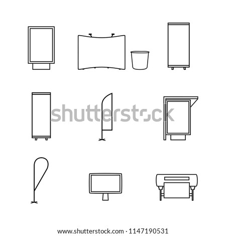 Set of advertising, promo and printing vector line black icons. Pop up wall, promotion retail trade, roll up banner, feather beach bow flags, citylight lightbox, inkjet plotter and lcd monitor.