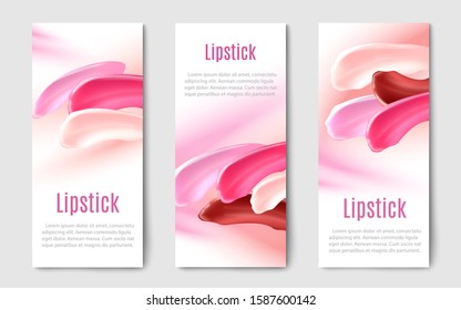 Set of advertising promotion banners or cards for makeup sales with luxury lipstick colorful smears. Cosmetic flyer design template realistic vector illustration isolated.