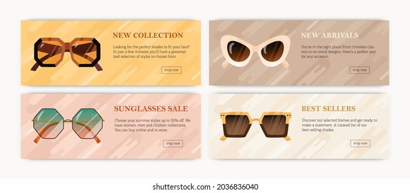 Set of advertising promotion banners with modern sunglasses. Designs of horizontal background with trendy sun glasses. Ad templates with fashion eyewear. Colored flat vector illustration of promo