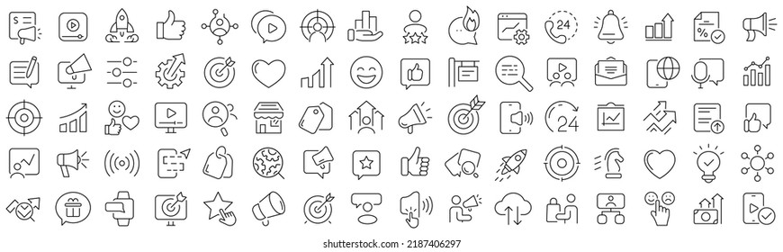 Set of advertising and promotion line icons. Collection of black linear icons