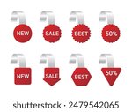 Set of advertising promotion tag labels in various shapes. Set of sale and market labels including sale, discount, best, new, price tag.