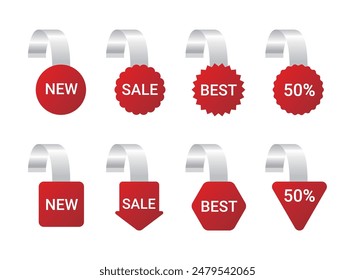 Set of advertising promotion tag labels in various shapes. Set of sale and market labels including sale, discount, best, new, price tag.