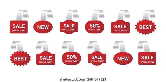 Set of advertising promotion tag labels in various shapes. Set of sale and market labels including sale, discount, best, new, price tag.