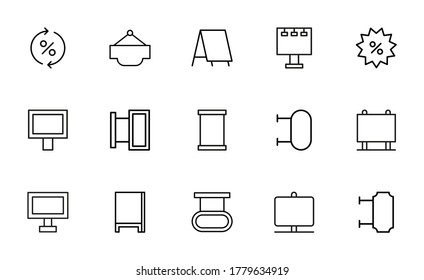 Set von werbebezogenen Vektorgrafik-Symbolen. Premium-Paket mit linearen Symbolen. Vektorgrafik einzeln auf weißem Hintergrund. Web-Symbole für Webseiten und mobile App. Trendloses Design.