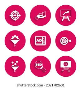 Set Advertising, SEO optimization, Board with graph chart, Target, Lead management, Sales funnel gear,  and  icon. Vector