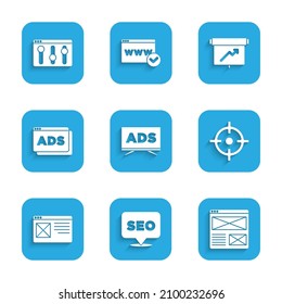Establecer publicidad, optimización SEO, ventana Navegador, deporte de destino, tablero con gráfico gráfico de gráficos e icono de configuración. Vector