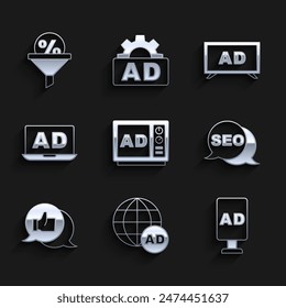 Set Advertising, SEO optimization, Customer product rating,  and Lead management icon. Vector