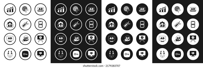 Set Advertising, SEO optimization, Financial growth increase, Target, Board with graph chart and  icon. Vector