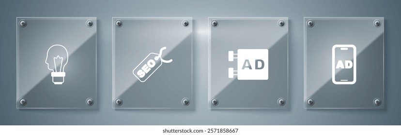 Set Advertising, , SEO optimization and Light bulb with concept of idea. Square glass panels. Vector