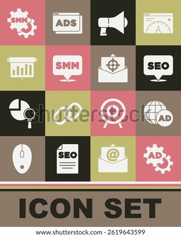 Set Advertising, SEO optimization, Megaphone, Social media marketing, Board with graph chart,  and Mail and e-mail icon. Vector