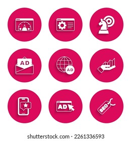 Set Advertising, SEO optimization, Pie chart infographic, Mobile with review rating, Chess and Website statistic icon. Vector