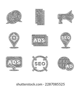 Setzen Sie Werbung, SEO-Optimierung, Zielsport, Megaphone und das Symbol für die Kundenbewertung ein. Vektorgrafik