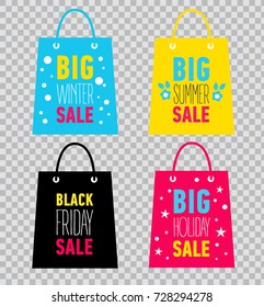 Set of advertising shopping bags. Big winter, summer, holiday sale, black friday sale. Flat icons