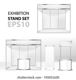 Set Of Advertising Stands. Empty Banner Spider Mockup, X-stand Banner Isolated On White Background And Round Point Of Sale And Exhibition Stands
