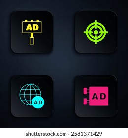 Set Advertising, ,  and Target. Black square button. Vector