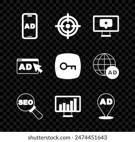 Set Advertising, Target, Monitor with star, SEO optimization, graph chart,  and Key icon. Vector