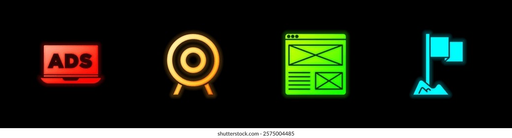 Set Advertising, Target sport, Browser window and Location marker icon. Vector