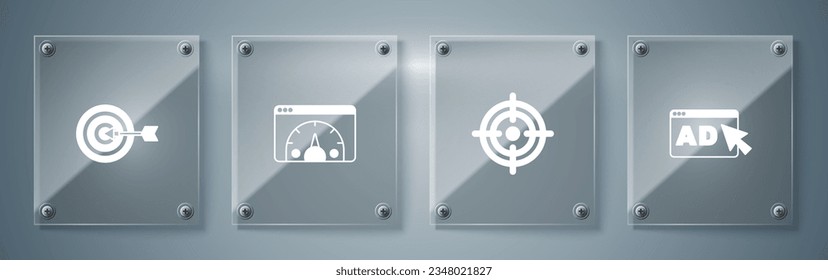 Set Advertising, Target, Website statistic and . Square glass panels. Vector