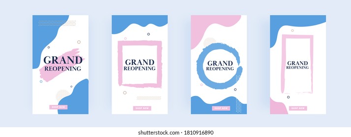 Conjunto de plantilla o volante publicitario, diseño de afiches con efecto de salto de pincel para la reapertura general.