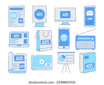 Set of advertising tools doodle icons featuring various media platforms like TV, radio, digital ads, print, and promotional items. Perfect for marketing, branding, or advertising projects.