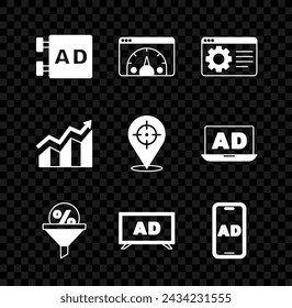 Set Advertising, Website statistic, Browser setting, Lead management, Financial growth increase and Target icon. Vector