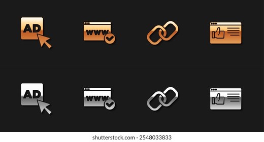 Set Advertising, Website template, Chain link and Browser window icon. Vector
