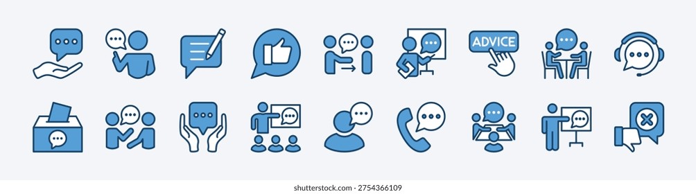 Set of advice, consultant, suggestion and proposal icon. Contains support, helpdesk, write, thumbs up, give, button, box, information, instruction, hot line, assistance - vector illustration