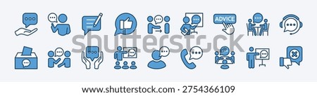 Set of advice, consultant, suggestion and proposal icon. Contains support, helpdesk, write, thumbs up, give, button, box, information, instruction, hot line, assistance - vector illustration