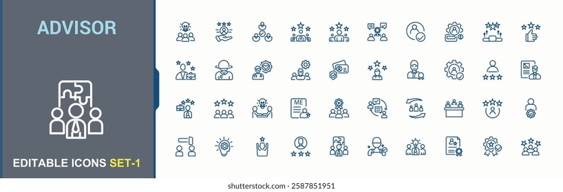 Set of Advisor line icons. Contain linear outline icons success, technology, computer, mastery, advice, know, qualification and more. Perfect for logos and infographic. Vector illustration.