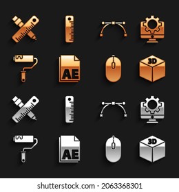 Set AE file document, Computer monitor and gear, Isometric cube, mouse, Paint roller brush, Bezier curve, Crossed ruler pencil and Ruler icon. Vector