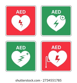 Set of AED Emergency Defibrillator Icons, First Aid Automated External Defibrillator Vector Illustration