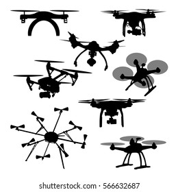 Set of aerial black silhouette quadcopter and drone vector illustration.
