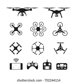 Set of aerial drone or quadcopter and remote control icons. Design for presentation, advertising, layout, pakaging and web design. Vector illustration.