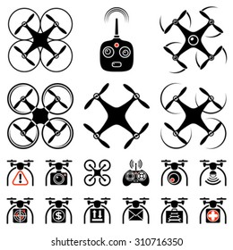 Set of aerial drone quadrocopters icons and emblems isolated on white. Vector illustration for web and packing design.