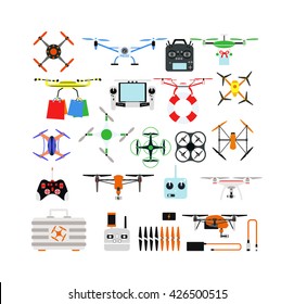 Set of aerial drone quadrocopters icons and emblems isolated on white