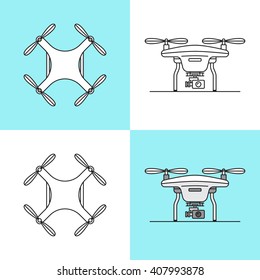 Set of aerial drones in profile and top view vector illustration. Made in flat design style