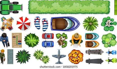 Set of aerial element city decorations isolated illustration