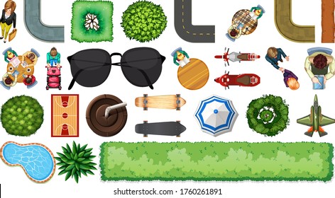 Set of aerial element park decorations isolated illustration