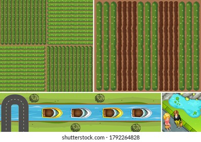 Set of aerial farm and river scene  illustration