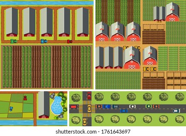 Set of aerial farm and road scene illustration