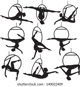Set of aerial hoop acrobat woman silhouette