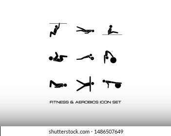 Set of Aerobics and Gymnastics Icon Vector in Black and Simple Style. Consist of Teen about Exercise in the Fitness Centre. In Trendy Flat Isolated on White Background.