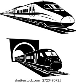 Conjunto de trenes rápidos aerodinámicos que salen de túneles y Pistas
