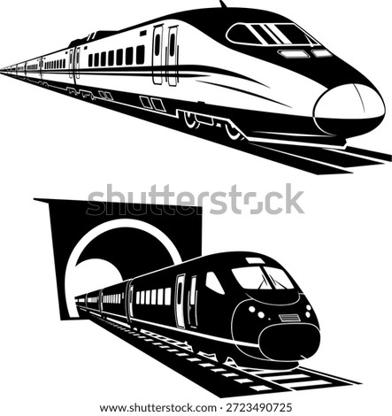 Set of Aerodynamic Fast Express Trains Emerging from Tunnel and Tracks