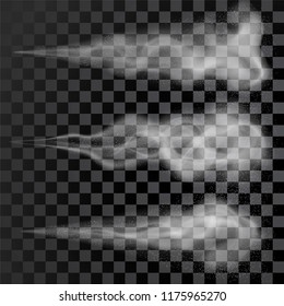 Set. Aerosol water spray, cosmetic vial pulverizer white smoke design, drops, dust and dots cloud, atomizer mist. Fog vector effect, 3d illustration. Insecticide particles.