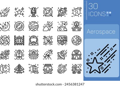 Set of Aerospace Outline icons in linear style. User opinion and survey. Outline icon collection. Conceptual pictogram and infographic.